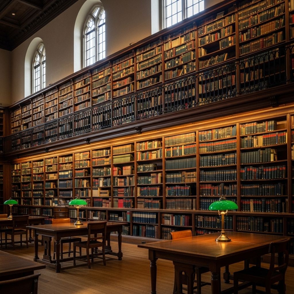 Bibliothèque institutionnelle aux rayonnages en bois sombre remplis de livres reliés, lumière chaude filtrant par de hautes fenêtres, ambiance studieuse et calme évoquant le savoir et la recherche