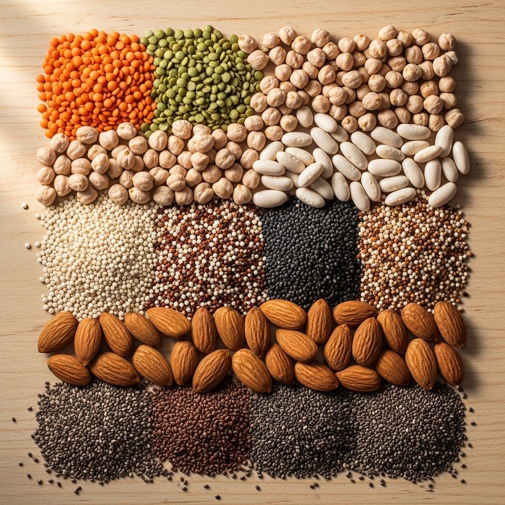 Assortiment de légumineuses colorées, grains de quinoa, amandes et graines de chia disposés en rangées ordonnées sur un fond en bois naturel, éclairage studio doux et chaud