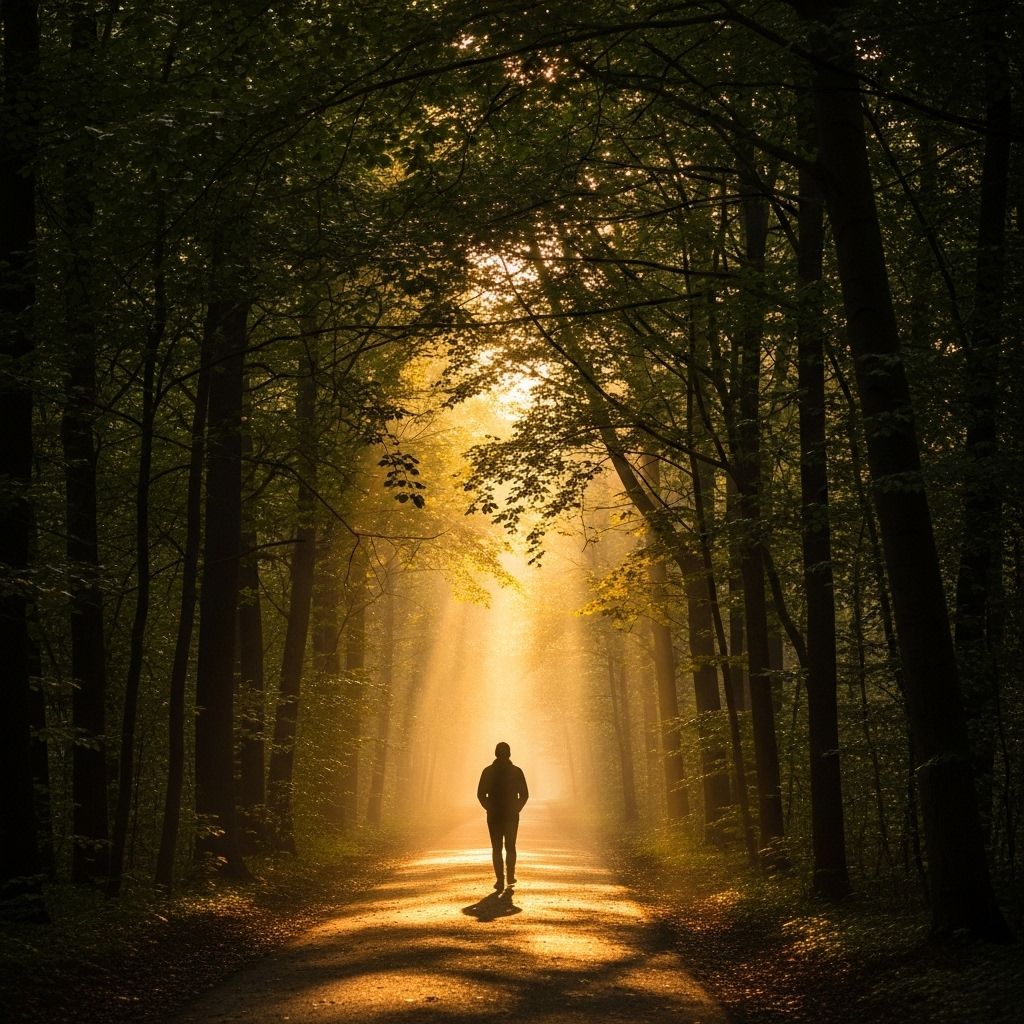 Personne marchant seule sur un sentier forestier ombragé au lever du soleil, lumière dorée filtrant à travers les arbres, atmosphère paisible et contemplative