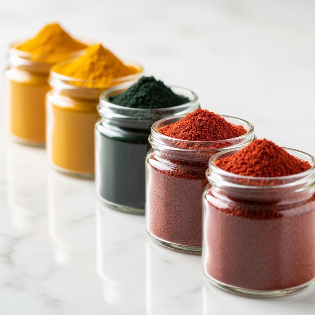 Rangée de petits pots en verre contenant des poudres naturelles de couleurs variées — curcuma jaune, spiruline verte, baies de goji rouge — sur une surface en marbre blanc épurée