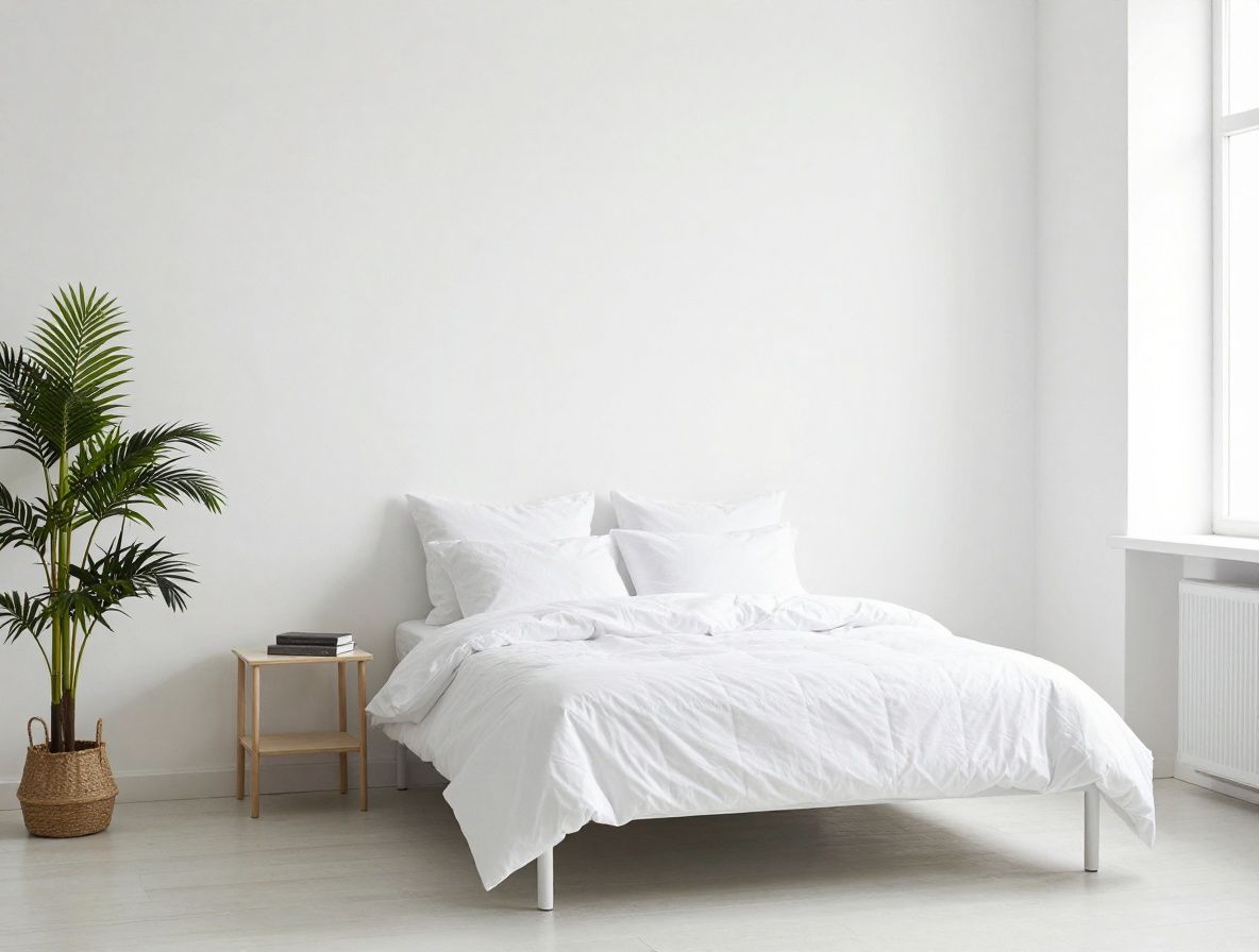 Chambre minimaliste et calme avec lumière douce du matin, literie blanche et plante verte sur la table de nuit